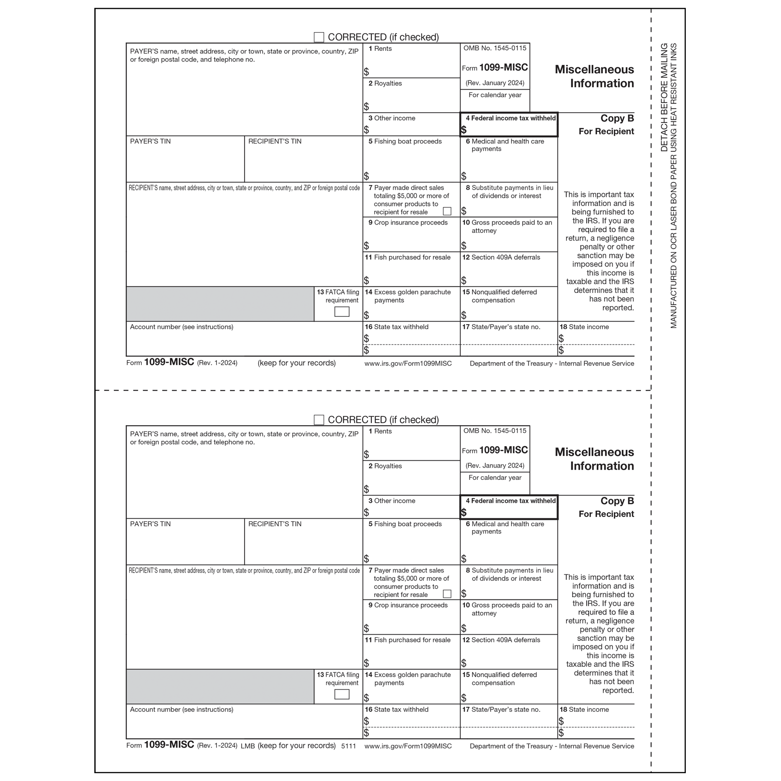 100 Pk Recipient Copy B 19 Laser 1099 Misc Tax Forms Human Resources Forms Forms Recordkeeping Money Handling Btsmakina Com